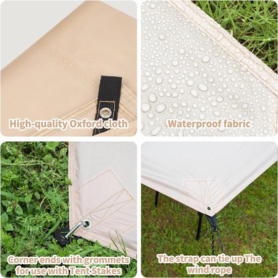 Tarp 4 x 4 waterdicht multifunctioneel tentzeil, ultralicht, zeildoek met oogjes, zonnezeil voor hangmat, wandelen, picknick, outdoor