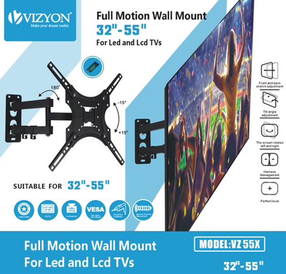 Vizyon VZ 55X - 32-55 Inch - Universele Tv Muurbeugel - Wand Ophang Beugel Steun - Televisie Ophangsysteem Muur Ophangbeugel - Wall Mount Houder - Televisiebeugel Wandsteun Ophangsysteem - Voor Schermen Van 32-55 Inch - Licht Kantelbaar