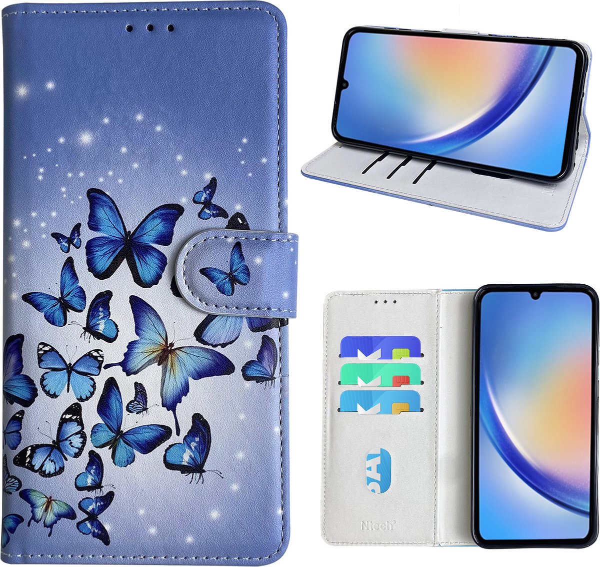Hoesje geschikt voor Samsung Galaxy A34 Bookcase met Blauw vlinder print