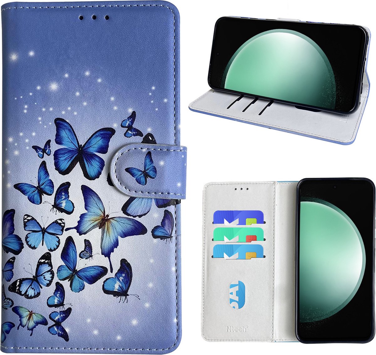 Hoesje geschikt voor Samsung Galaxy S23 FE Bookcase met Blauw vlinder print