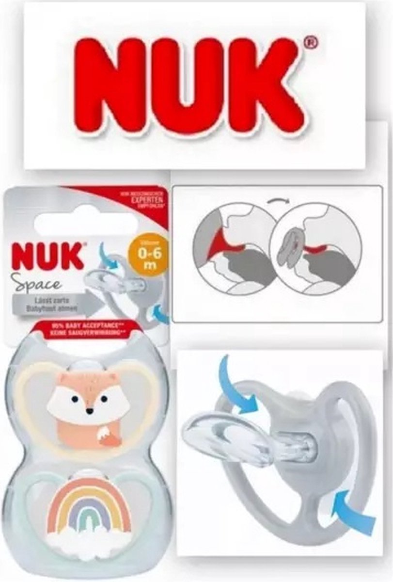 Goedkoopste NUK | Space fopspeen | 0-6 maanden | vos en regenboog | 2 stuks | 0-6 maanden