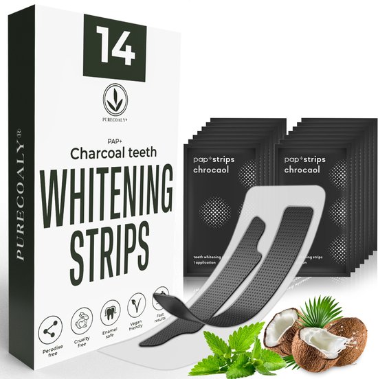 PURECOALY™ PAP+ Charcoal teeth whitening strips. 14 sets, peroxidevrij, veganistisch, cruelty-free, met kokosnoot en munt.