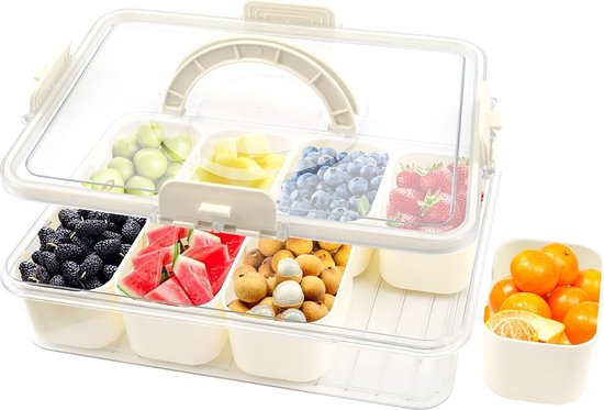 Foto: Snack opbergdoos met 8 vakken keukenkruidenbox serveerbord snackbox met deksel voor snoep vegie koekjes fruit noten vaatwasmachinebestendig