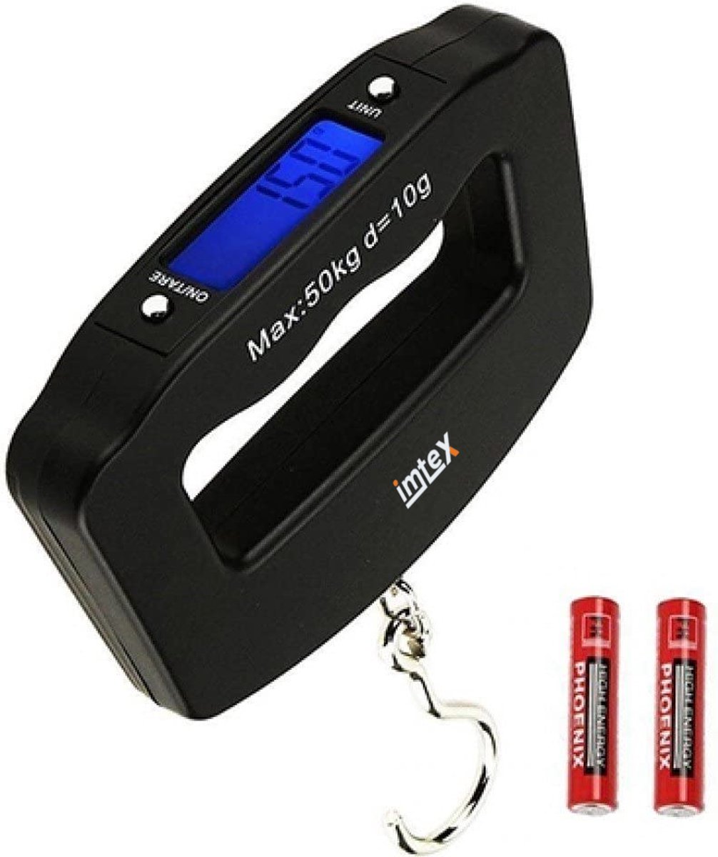 Imtex Bagageweegschaal - Kraanweegschaal - Draagbare Weegschaal - Hangweegschaal - Tarra Functie - Tot 50kg - Inclusief 2 Batterijen - Zwart