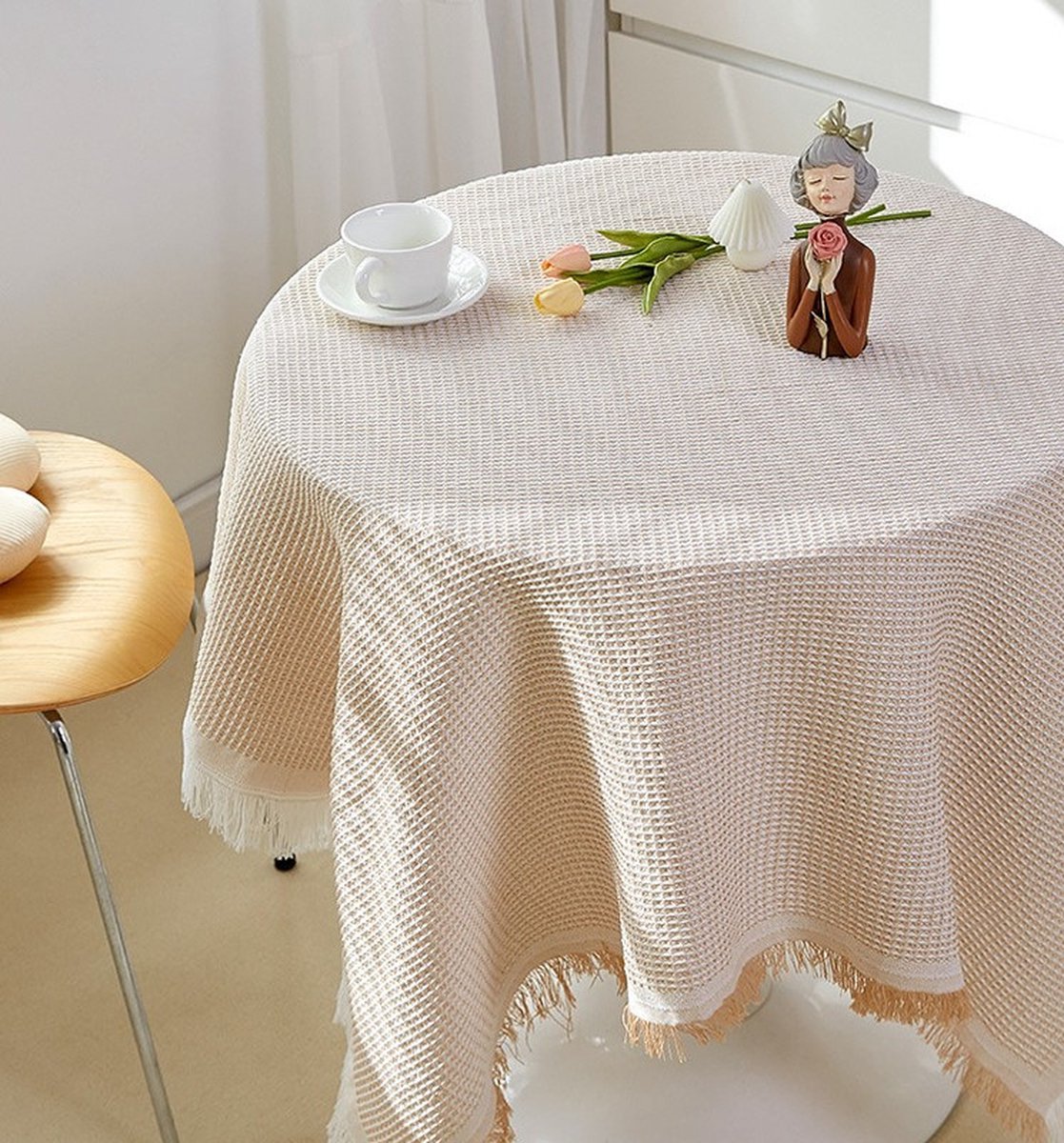Kanten tafelkleed handgemaakt tafelkleed gehaakt katoenen kant tafelkleed kant groot tafelkleed rond/vierkant - Honingraat-Kaki Wit [Ronde Tafel] - 180*180cm
