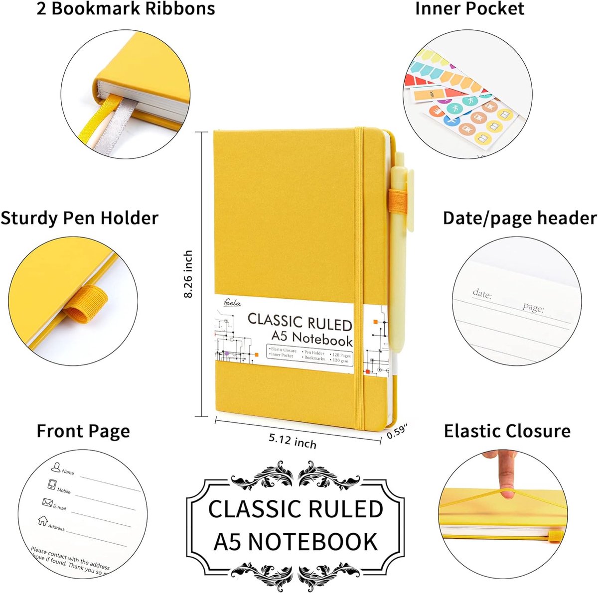 5-pack A5-notitieboeken met harde kaft, notitieblokken A5 gelijnd (120 g/m²), dagboek notitieboek multipack met 5 zwarte gelpennen voor zakelijk werk, dagboek, notities, 128 pagina's, 21 x 13