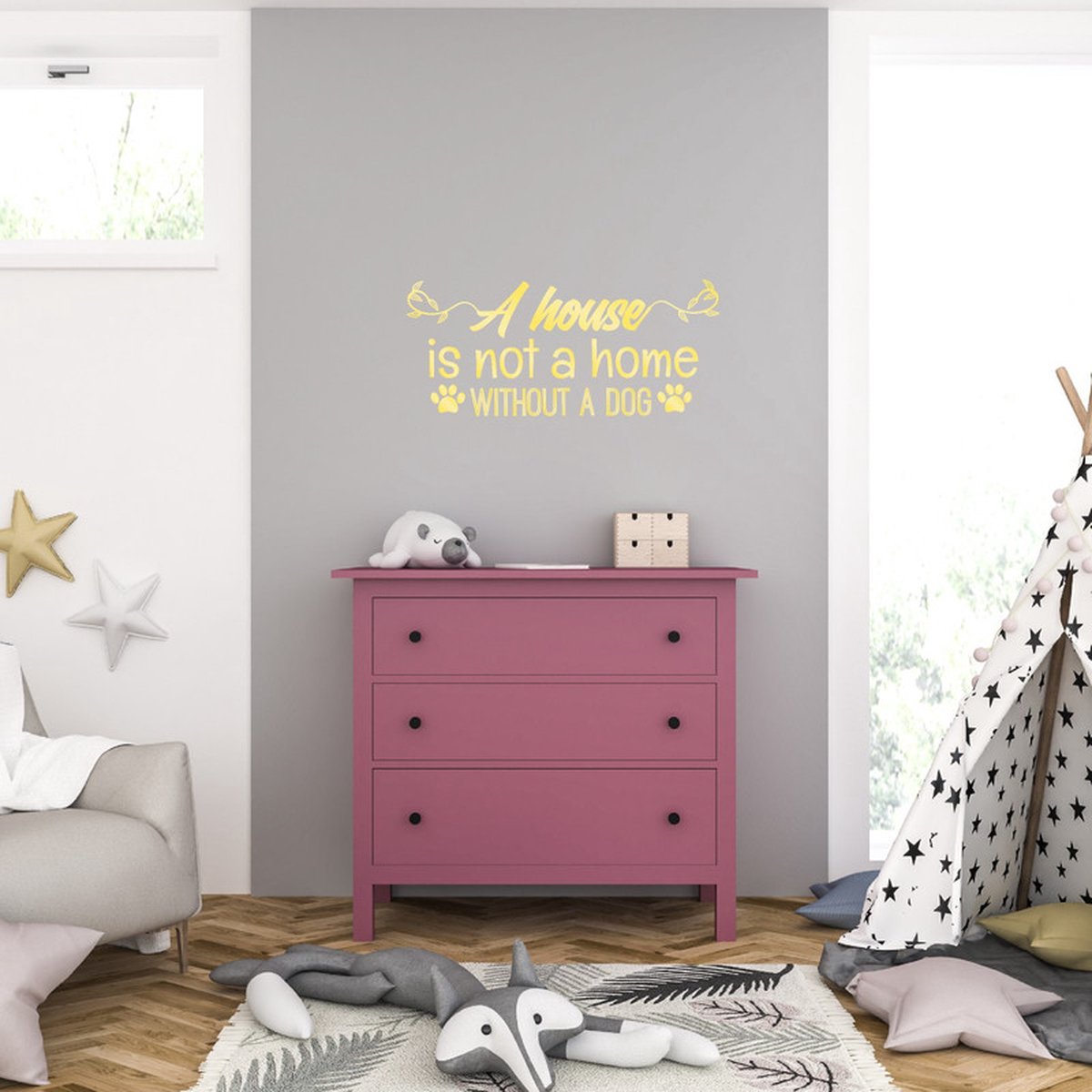 MC Living Muursticker - A House Is Not A Home Without A Dog - 46,4 x 106,4 - Goud