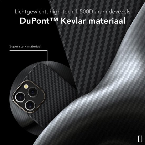 Close-up van een grijs en zwart carbon patroon hoesje, gemaakt van aramidevezels.