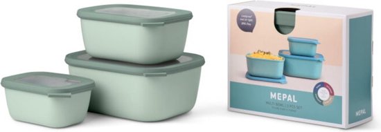 Ensemble de trois boîtes de conservation Mepal vert pâle sur fond blanc, à côté d'un emballage Mepal.