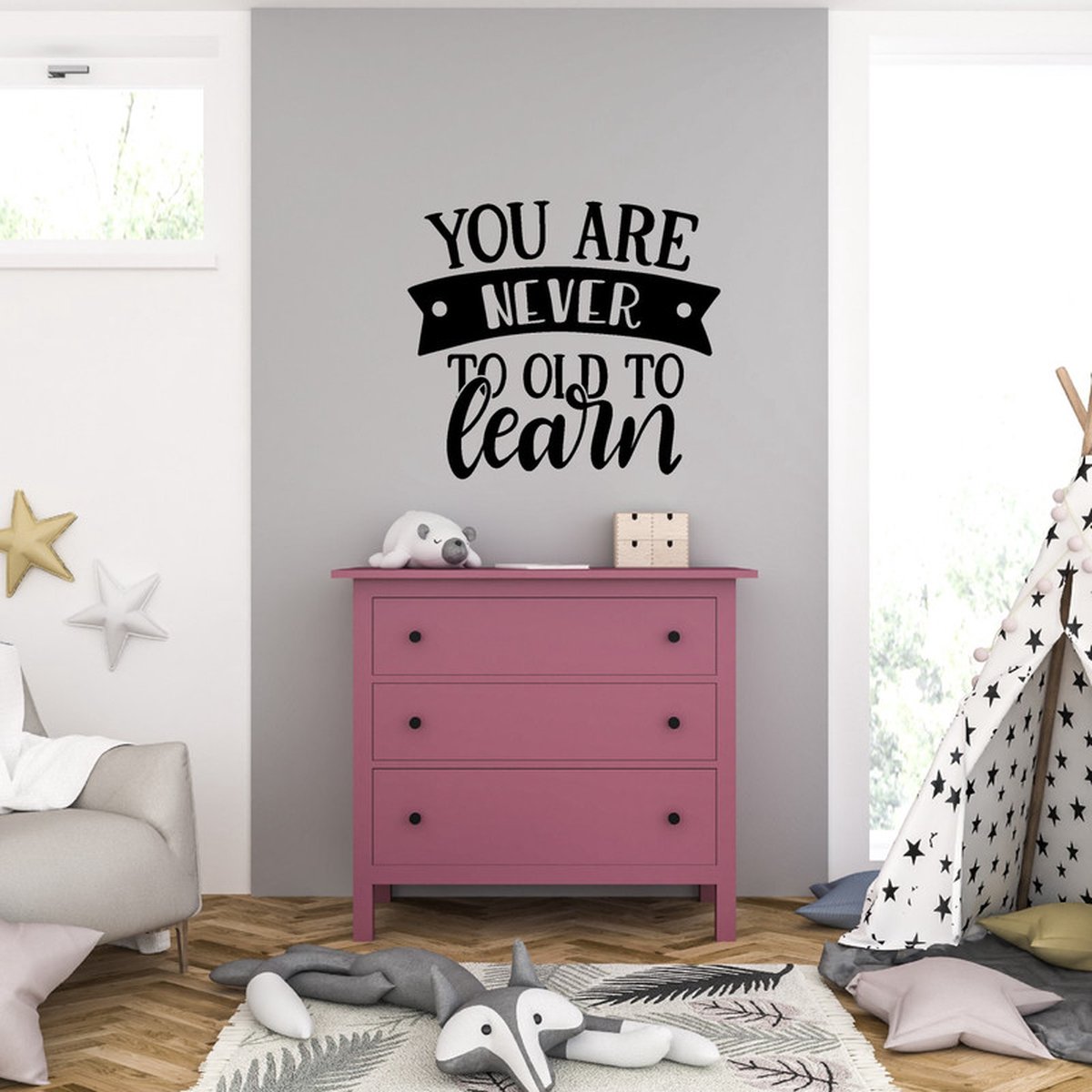 MC Living Muursticker - You Are Never To Old To Learn - 46,4 x 52 - Zwart