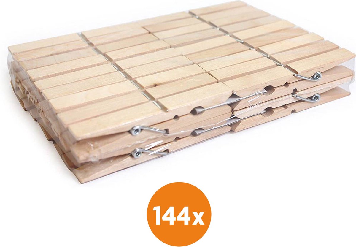 LaundrySpecialist 144x Houten Wasknijpers (100mm) - Wasknijpers - Wasknijpers hout - 144 stuks - Knijpers - Houten Knijpers