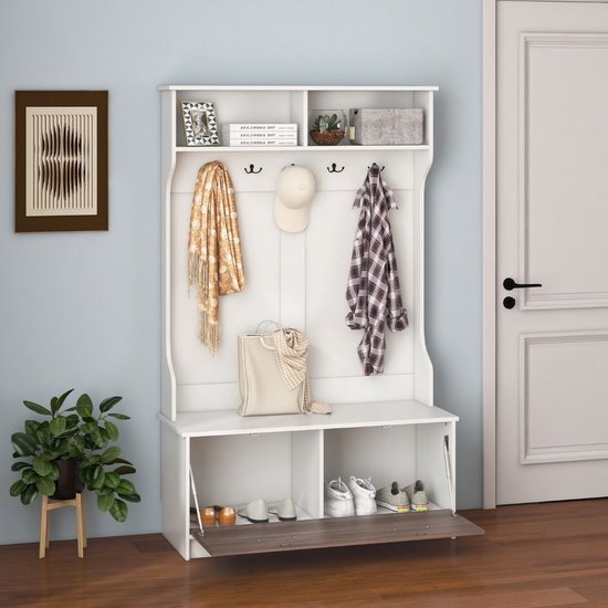 COSTWAY garderobe met schoenenbank, schoenenrek, 2 hangstangen & 13 haken, 3 -in-1 kledingrek bamboe bankje