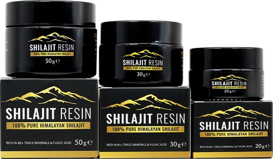 Drie potjes Shilajit Resin (20g, 30g, 50g) en bijbehorende doosjes, elk met gouden bergen-logo.
