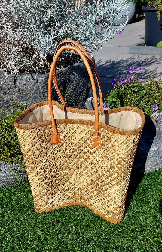 Rietentas, Rietentas met leren handsvaten, Rietenshopper, Strandtas, Shopper
