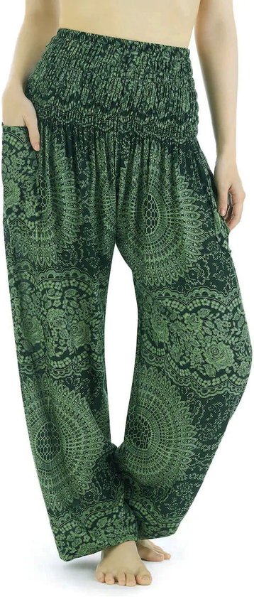 Sarouel - Pantalon de yoga - Pantalon de plage - Femme et homme - Taille L; 44 - 46 et 48 - Mandala Mono vert/noir.