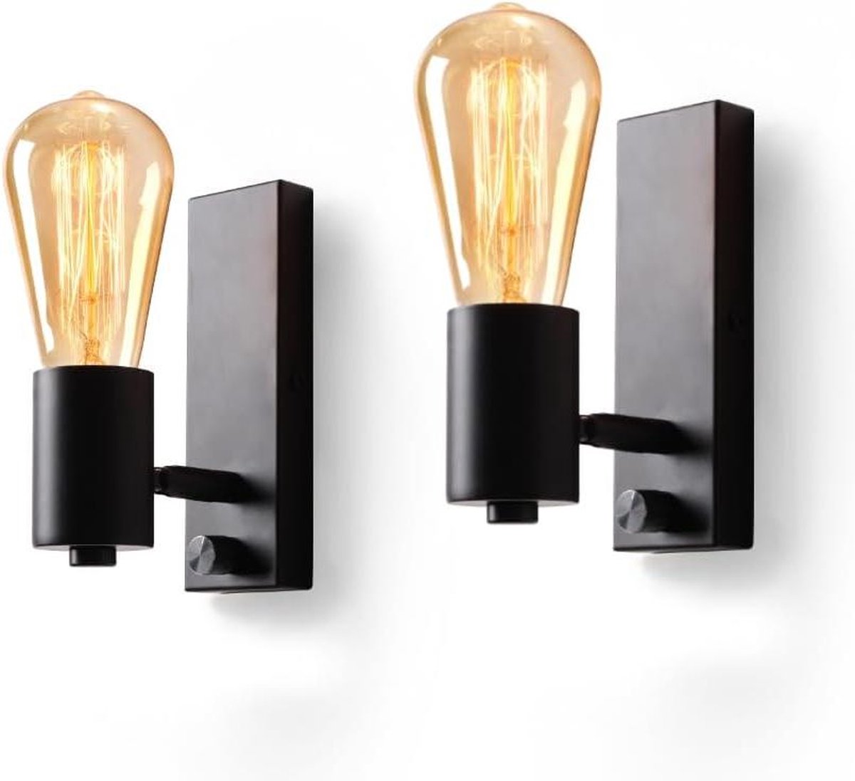 Vintage dimbare wandlamp zwart metaal hout E27 schakelaar trappenhuis hal café bar restaurant hotel woonkamer - 2 stuks