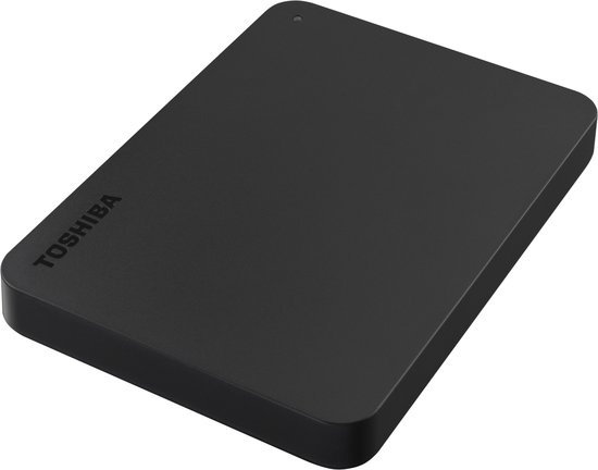 Zwarte Toshiba Canvio Basics externe harde schijf, 2TB, met een hoekige weergave en statuslampje.