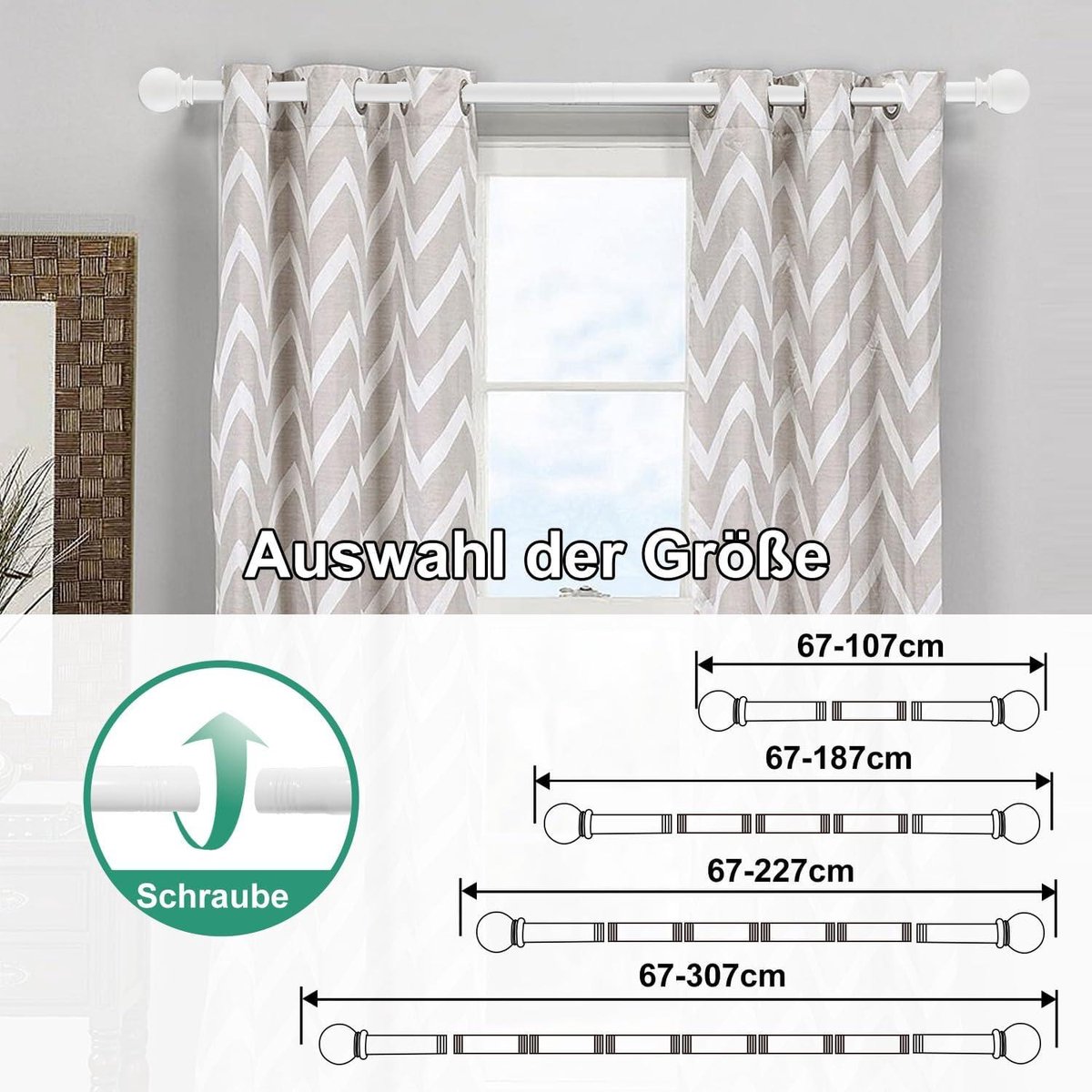 Tringle à Rideau Réglable - Blanc, Diamètre 1,6 Cm - S'étend De 127 à 208,3 Cm - Avec Embouts Décoratifs Et Supports - Installation Facile
