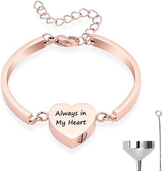 Rosé gouden armband met hartvormige hanger 'Always in My Heart' en een asvuller met trechter.