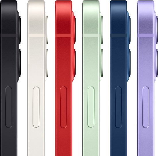 Zijkanten van zes iPhones in verschillende kleuren: zwart, crème, rood, groen, blauw en paars.