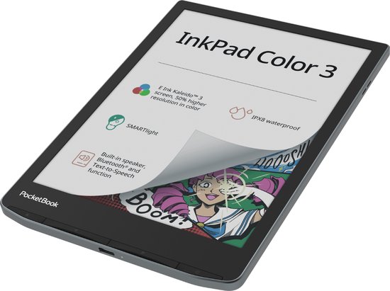 InkPad Color 3 e-reader met E Ink Kaleido 3 scherm, 50% hogere resolutie in kleur, IPX8 waterdicht, SMARTlight, speaker en Bluetooth.