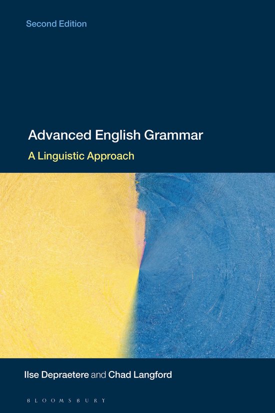 Livre intitulé 'Advanced English Grammar: A Linguistic Approach', deuxième édition, avec un fond abstrait jaune et bleu.
