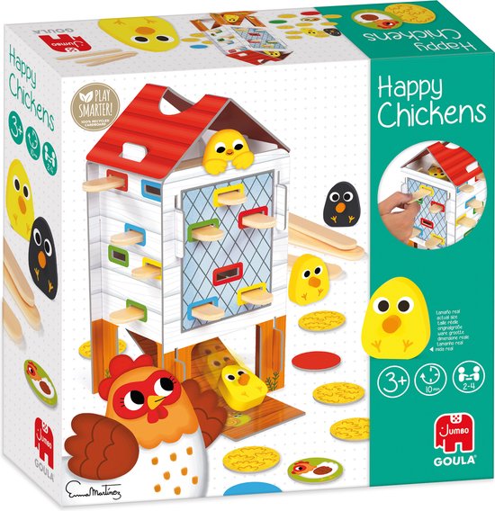 Doos van het spel Happy Chickens met een kippenhok, gele kuikens, een zwarte kip en ronde eivormige tegels.