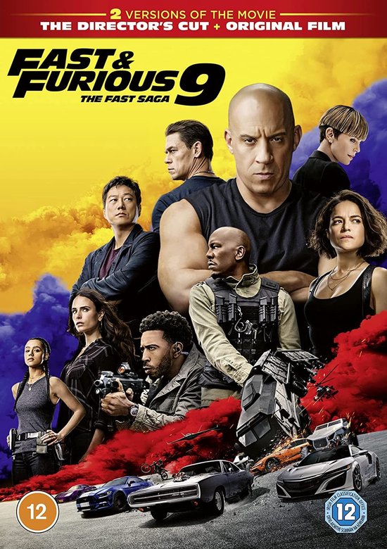 DVD-hoes van Fast & Furious 9 met Vin Diesel, John Cena, Michelle Rodriguez en cast, met auto's en explosies op de achtergrond.