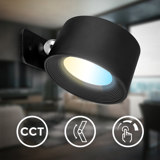 Zwarte, draaibare wandlamp met instelbare kleurtemperatuur (CCT) en dimfunctie.