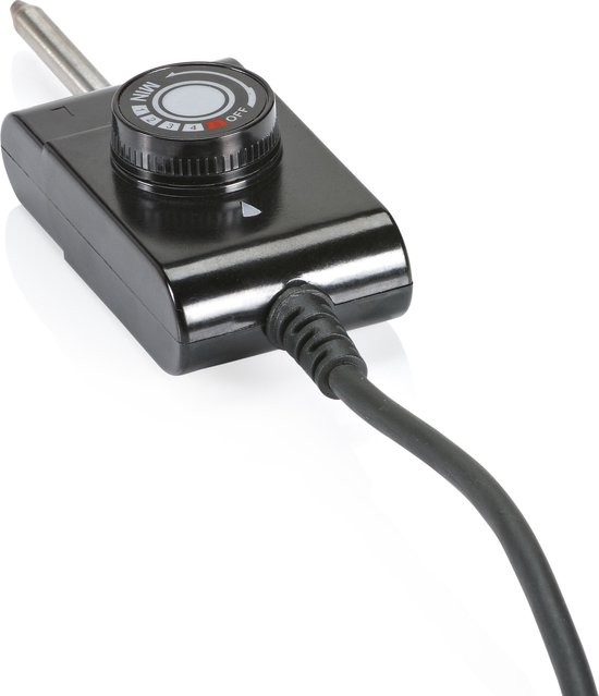 Regelbare thermostaat met aan/uit-knop en temperatuurinstellingen (MIN-OFF). Zwart omhulsel met kabel.
