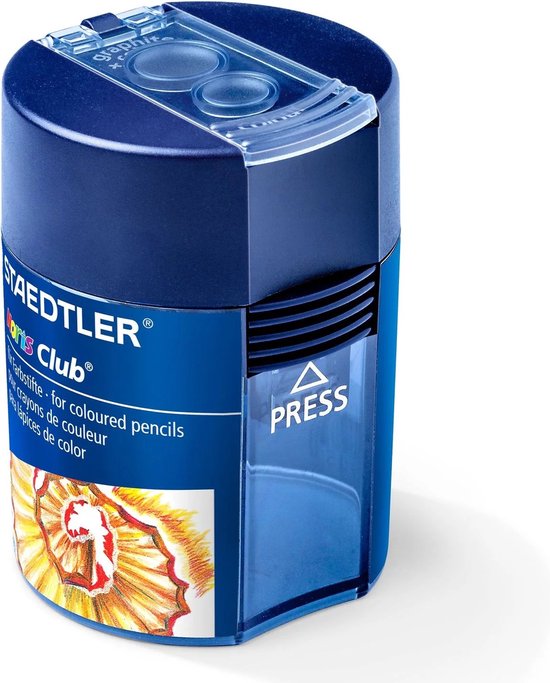Taille-crayon bleu foncé avec indication 'press' et illustration de copeaux de crayon.