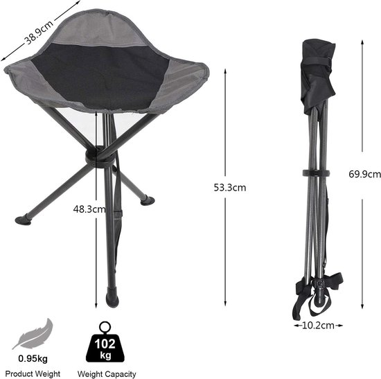 TRIWONDER Inklapbare kruk, kleine campingkruk, telescopische mini-stoel, draagbaar, inklapbaar, voor wandelen, tuin, barbecue, strand, vissen, zwart - L