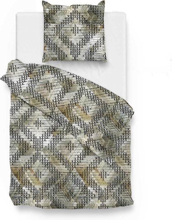 Housse de couette et taie d'oreiller avec motif géométrique vert, beige et noir. Ressemblent à un filet de pêche.