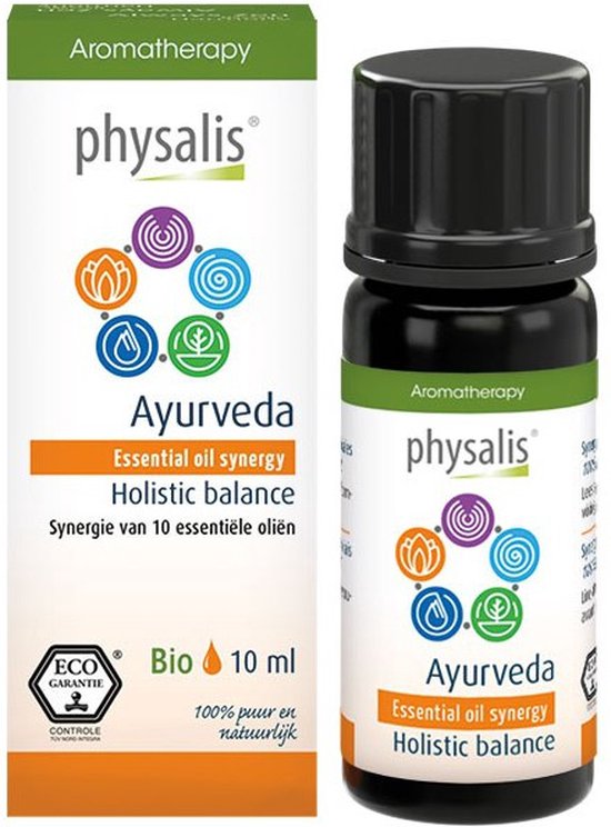 Groene en witte verpakking met het merk Physalis, tekst 'Ayurveda Essential oil synergy Holistic balance' en een flesje essentiële olie.