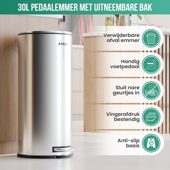 Avalo Pedaalemmer Prullenbak 30L RVS Zwart - Soft Close Met Uitneembare Emmer
