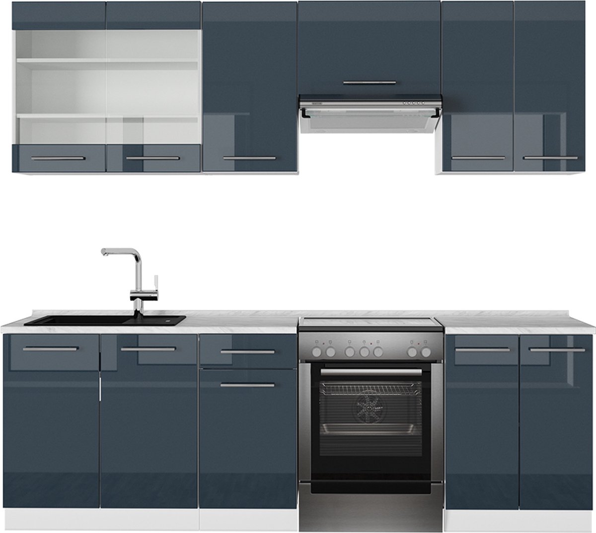 Vicco Fame-Line Keukenblokken – 240 cm zonder werkblad Donkerblauw hoogglans/wit