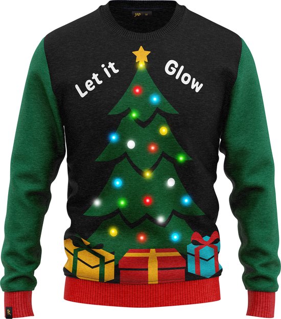 JAP Christmas Kersttrui met lichtjes (maat 4XL) - 100% Gerecycled - Kriebelt niet - Kerstcadeau volwassenen - Foute Kersttrui dames en heren XXXL - Let it glow - Zwart