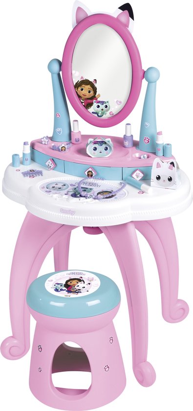 Smoby Gabby's Dollhouse kaptafel met krukje, spiegel en accessoires in roze en blauw.