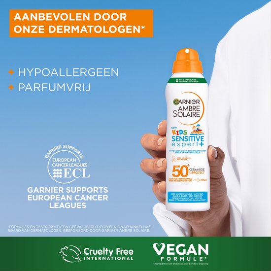 Garnier Ambre Solaire Kids Sensitive Expert+ Hypoallergene Zonbeschermende Mist SPF50+ - voor de Gevoelige Huid met Ceramide Protect - 150 ML