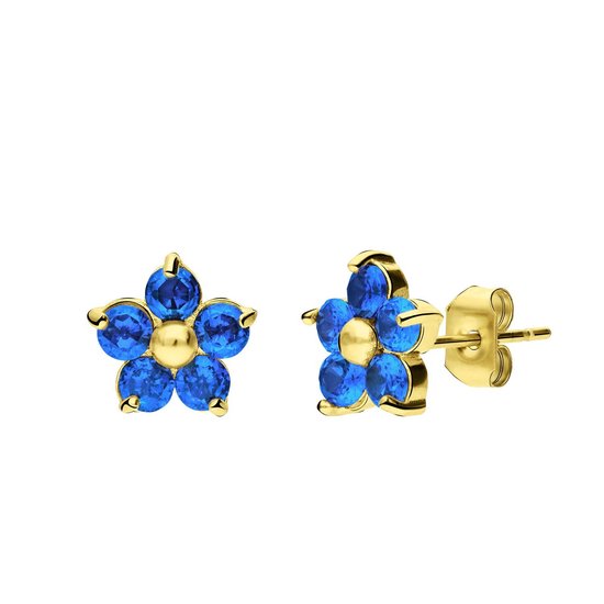 Lucardi Dames Stalen goldplated oorknoppen bloem met zirkonia blue topaz - Oorbellen - Staal - Goud