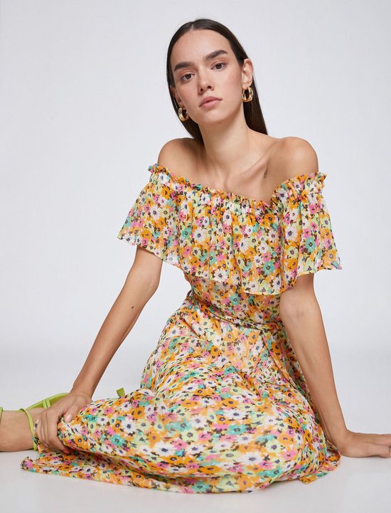Koton robe longue a fleurs manches standard col Carmen ligne a epaules ouvertes bol