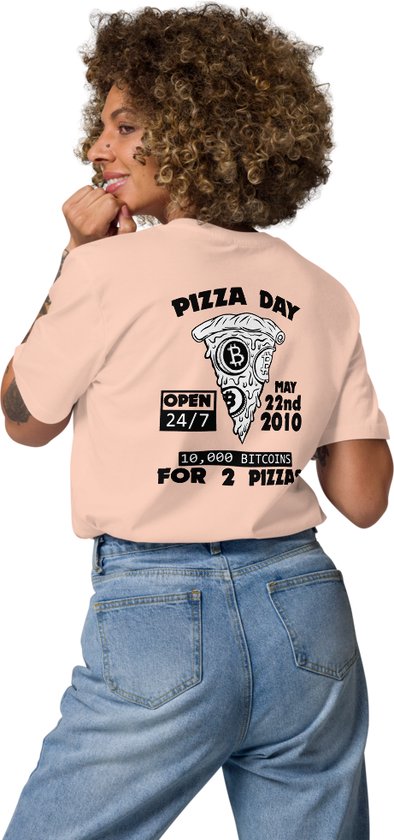 Bitcoin Pizza Day T-shirt - Rugprint - Unisex - 100% Biologisch Katoen - Kleur Donker Blauw - Maat S | Bitcoin cadeau| Crypto cadeau| Bitcoin T-shirt| Crypto T-shirt| Bitcoin Shirt| Bitcoin Merchandise| Crypto Merchandise| Bitcoin Kleding