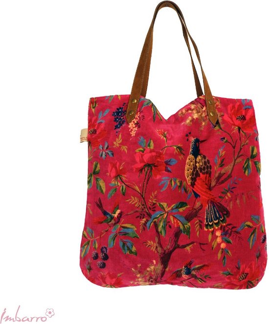 Imbarro Fashion & Home SHOPPER PARADISE L MAGENTA grand sac cabas en velours doux avec imprimé oiseaux paradisiaques