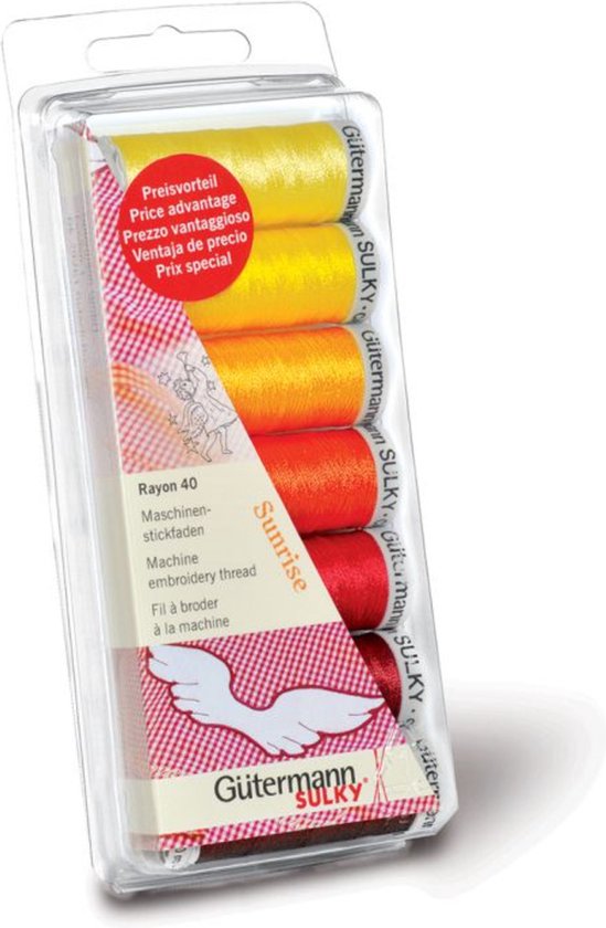 Verpakking met vijf spoelen Gütermann Rayon 40 machineborduurgaren in zonsopgangkleuren.