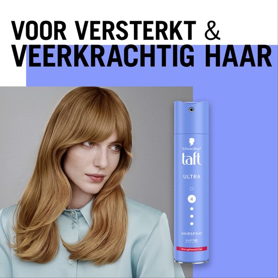 Model met lang, rood haar en een blauwe Taft Ultra haarspray.