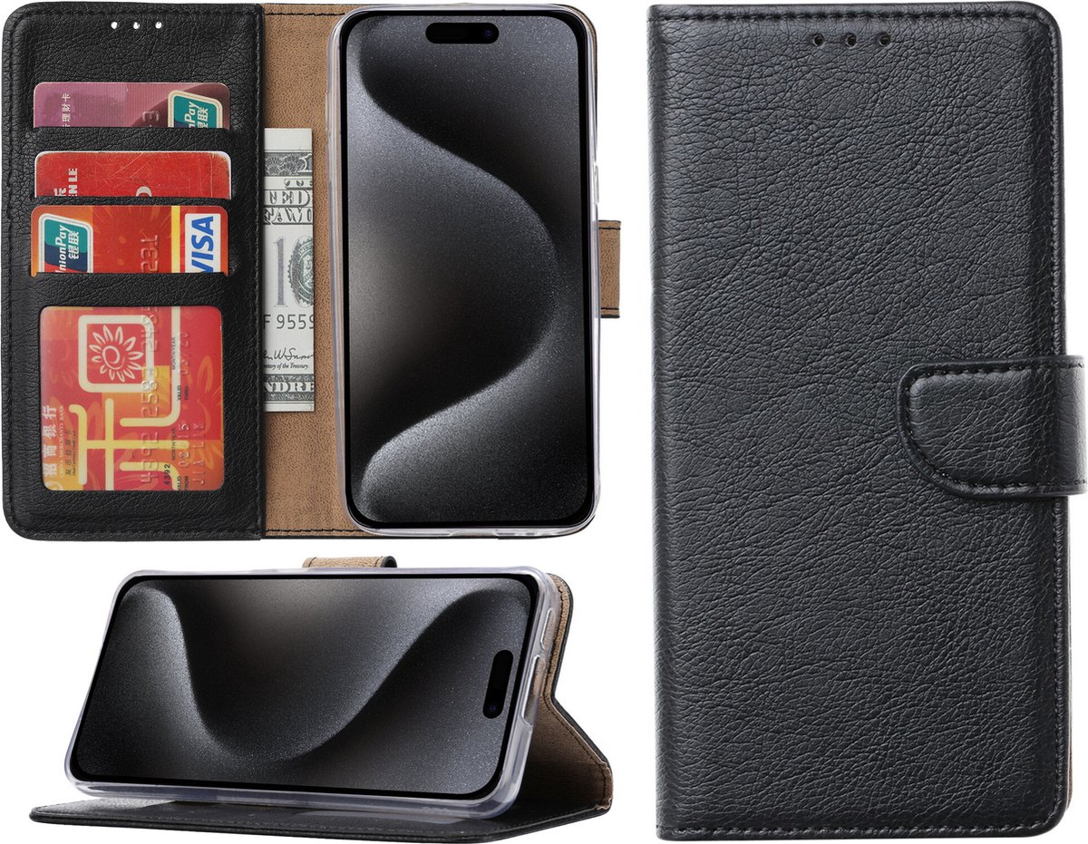Hoesje geschikt voor iPhone 15 Pro - Bookcase - Pasjeshouder - Kunstleer - Zwart