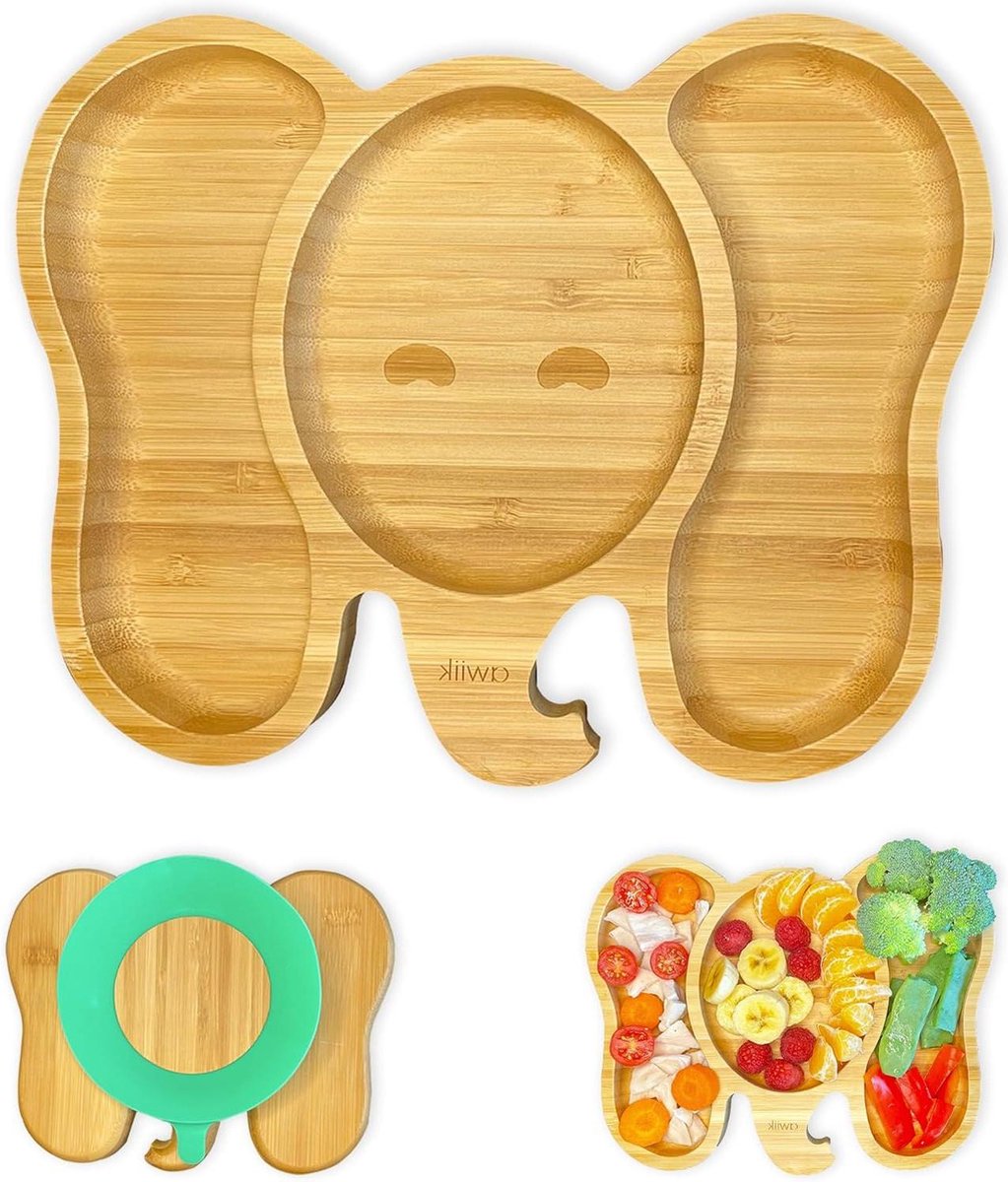 Bamboe zuigbord voor baby's en peuters - antislip BLW-bord met zuignap en kantelbescherming (olifant groen)