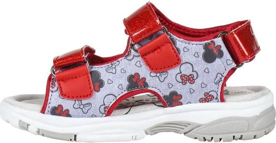 Lichtgrijze sandal met rode bandjes en Minnie Mouse print.
