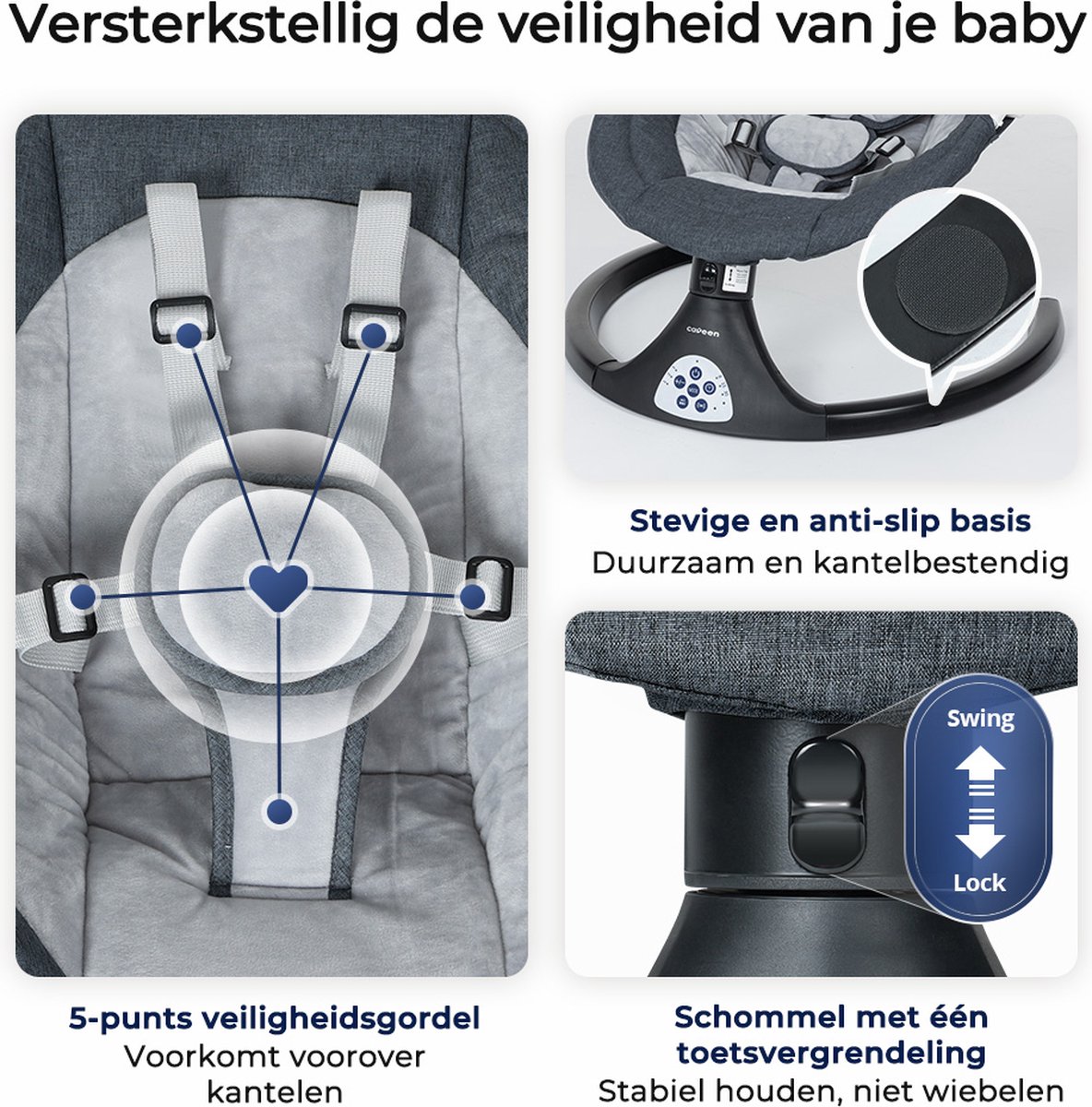 Elektrische Wipstoel - met Timer Afstandsbediening Bluetoothmusic - 5 Zwenksnelheden en 3 Zitposities - Babyschommel - Donkergrijs thumbnail 6