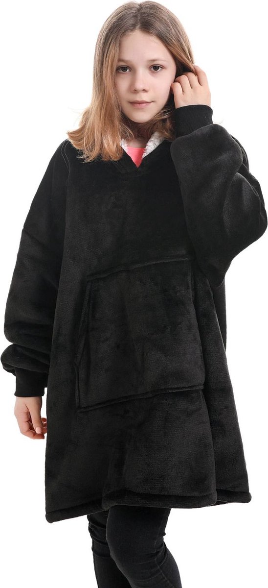 Hoodie Deken Kind - Deken met Mouwen voor Kinderen - super zacht - Fleece Deken met Mouwen - 134 t/m 164 (ca. 8-14 jaar) - Zwart